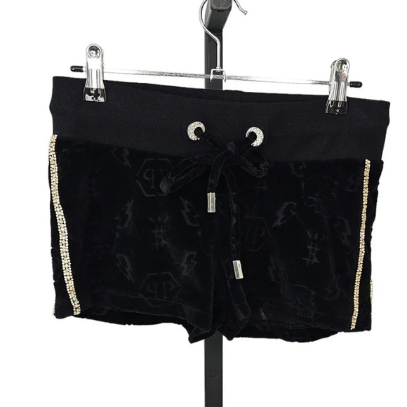Philipp Plein Monogram Drawstring Shorts Size XS Black Rhinestones  Cotton - Picture 1 of 12